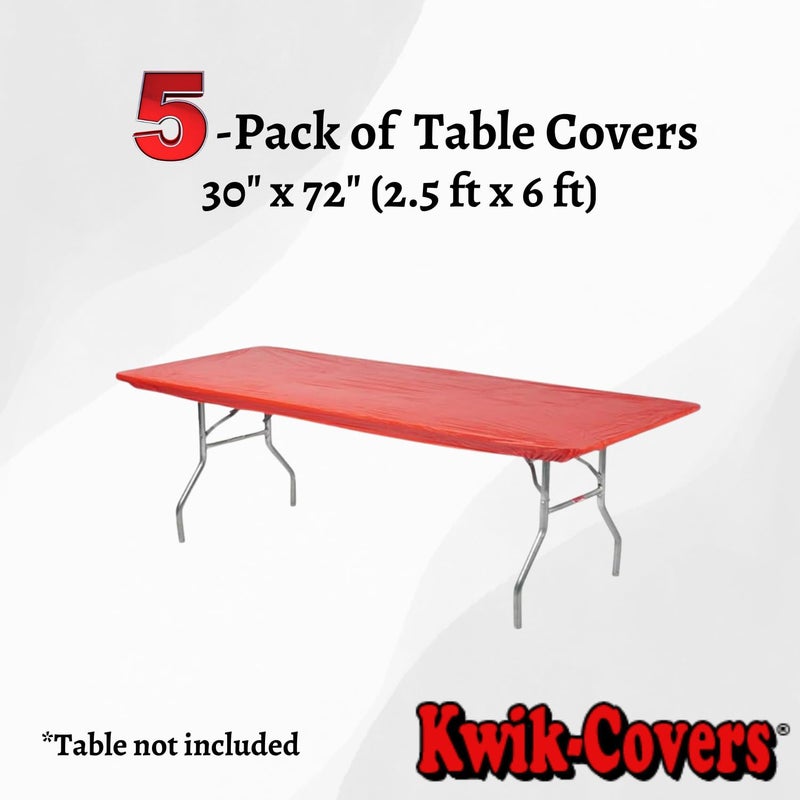 Kwik-Covers 6' Rectangle Plastic Table Covers 30" x 72", Bundle of 5 (Red) - Image 2